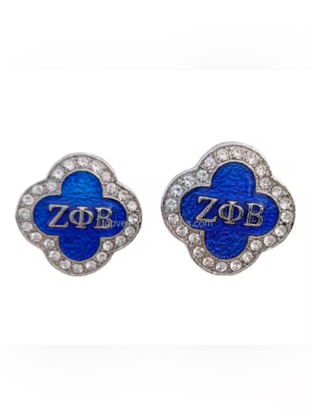 Zeta Phi Beta Blue Crystal Clover Stud Earrings - Silver Tone